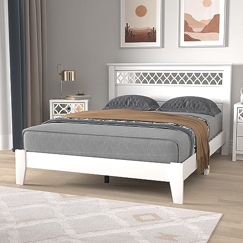 Galano Amanda Double Bed - Stylish Wooden Bedframe with Mirrored Headboard - Sturdy Bedframe for Adult - Wood Slat Support - Easy Assembly – Bedroom Furniture (Cool Grey)