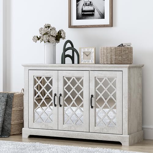 Galano Millicent 3 Door Sideboard with Acrylic Mirrors, Kitchen Buffet Cabinet, Farmhouse Coffee Bar Display Cabinet for Home Kitchen, Living Room, Dining Room and Hallway, Ivory Knotty Grey Oak