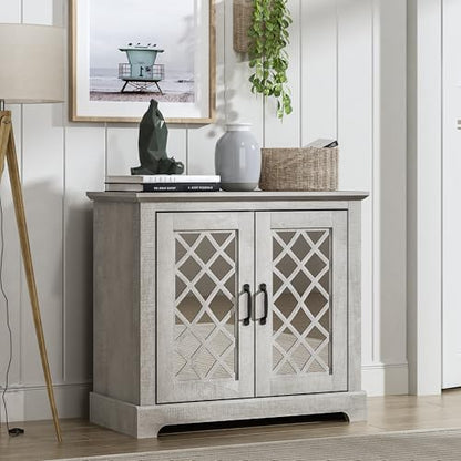 Galano Millicent 2 Door Sideboard, Buffet Cabinet with Acrylic Mirror Doors, 15.7" D x 32.4" W x 29.3" H, Dusty Grey Oak