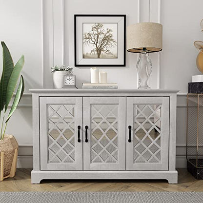 Galano Millicent 3 Door Sideboard with Acrylic Mirrors, Kitchen Buffet Cabinet, Farmhouse Coffee Bar Display Cabinet for Home Kitchen, Living Room, Dining Room and Hallway, Ivory Knotty Grey Oak