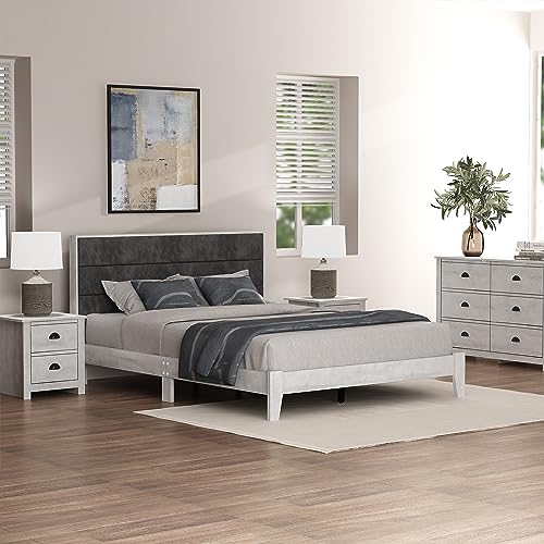 Galano Johniel Wood Platform Queen Bed Frame with Cushion Headboard, Mattress Foundation with Wood Slat Support, No Box Spring Needed, 64.17" L x 85.31" W x 40.16" H, Dusty Grey Oak