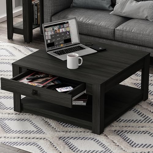 Galano Philia Square Coffee Table - Hidden Compartment and Storage Shelf - Modern Tabletop Dining Table for Living Room - Engineered Wood - Easy Assembly - Dusty Grey Oak