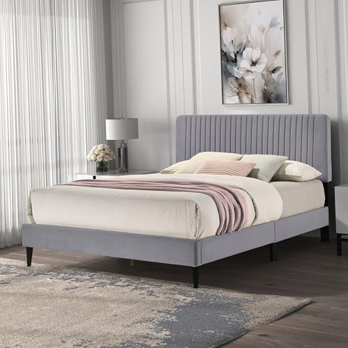 Galano Newry Upholstered Double Bed - Stylish Fabric Bedframe with Headboard - Sturdy Bedframe for Adult with Wooden Slat Support - Easy Assembly (Grey)