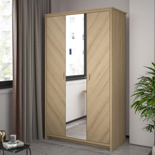 Galano Bonny 2 Door Wardrobe with Mirror - Stylish & Sturdy Wardrobe with Bar Gold Handle - Bedroom Furniture Unit with Hanging Rail Storage (Oslo Oak)