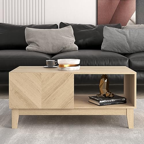 Galano Hanwell Coffee Table - Stylish Storage Cabinet with Fishborne Effect - Engineered Wood Storage Cabinet, Rectangular Living Room Table with Storage