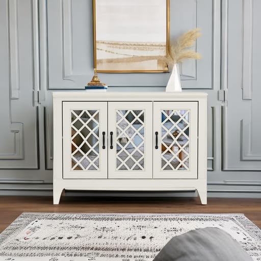 Galano Millicent 3 Door Sideboard with Acrylic Mirrors, Kitchen Buffet Cabinet, Farmhouse Coffee Bar Display Cabinet for Home Kitchen, Living Room, Dining Room and Hallway, Ivory Knotty Grey Oak