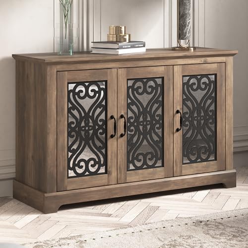 Galano Calidia 3 Door Sideboard, Kitchen Storage Sideboard Buffet Cabinet Console with Acrylic Mirror Doors & Adjustable Shelves, 15.67" D x 45.71" W x 29.29" H, Knotty Oak