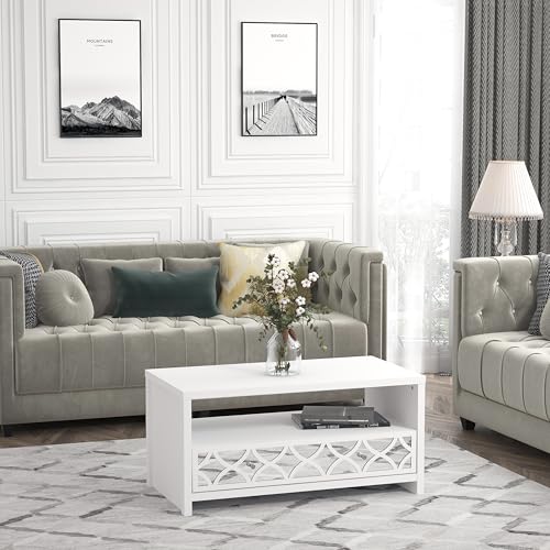 Galano Iris Coffee Table with Drawer - Modern Mirrord Effect Coffee Table - Storage Cabinet for Entryway - Foyer - Living Room - Space Saving (White)