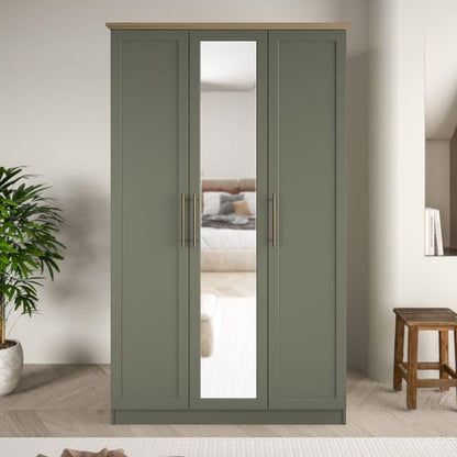 Galano Cleverton 3 Door Wardrobe with Mirror - Stylish & Sturdy Wardrobe with Bar Gold Metal Handle - Bedroom Furniture Unit with Hanging Rail Storage (Dark Green/Oak)