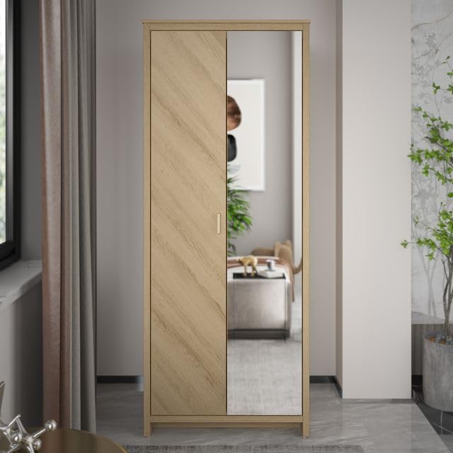 Galano Bonny 2 Door Wardrobe with Mirror - Stylish & Sturdy Wardrobe with Bar Gold Handle - Bedroom Furniture Unit with Hanging Rail Storage (Oslo Oak)