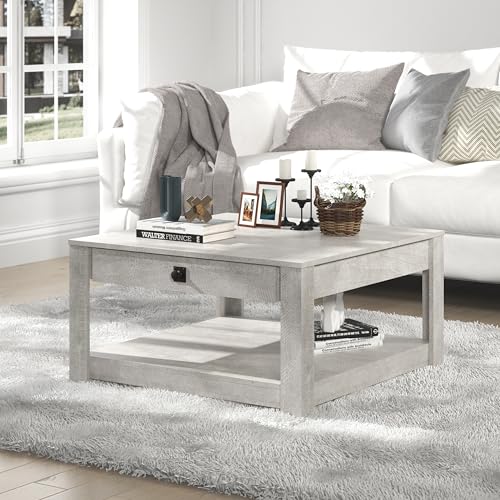 Galano Philia Square Coffee Table - Hidden Compartment and Storage Shelf - Modern Tabletop Dining Table for Living Room - Engineered Wood - Easy Assembly - Dusty Grey Oak