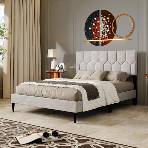 Galano Grimsby Upholstered Double Bed - Stylish Fabric Bedframe with Headboard - Sturdy Bedframe for Adult with Wooden Slat Support - Easy Assembly