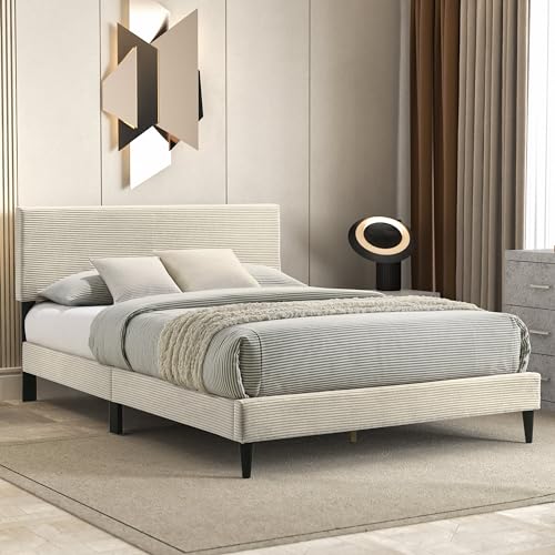 Galano Bayson Double Bed - Stylish Wooden Bedframe with Headboard - Sturdy Bedframe for Adult with Wooden Slat Support - Easy Assembly (Cream)