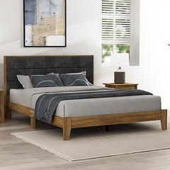 Galano Johniel Queen Size Bed Frame with Cushioned Headboard, Wooden Slats Support, Mattress Foundation & No Box Spring Needed, 64.17" L x 85.31" W x 40.16" H, Knotty Oak