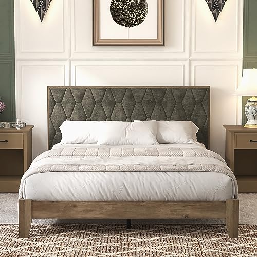 Galano Tancus Platform Queen Bed Frame with Cushion Headboard, Mattress Foundation with Wood Slat Support, No Box Spring Needed, 64.17" L x 85.16" W x 40.24" H, Knotty Oak