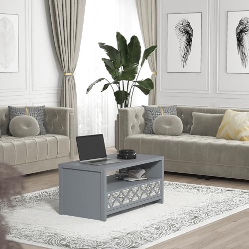 Galano Iris Coffee Table with Drawer - Modern Mirrord Effect Coffee Table - Storage Cabinet for Entryway - Foyer - Living Room - Space Saving (White)