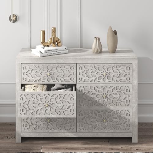 Galano Avaro 6 Drawer Dresser Interlock Large Wooden Dresser with Storage Drawers for Bedroom Organizer Laser Cut Design 45.35" D x 16.06" W x 31.73" H Knotty Oak