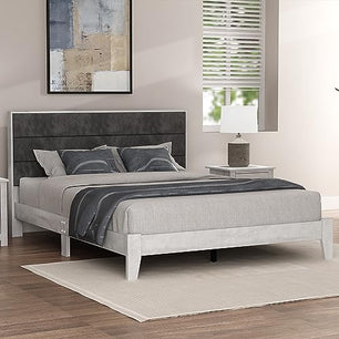 Galano Johniel Wood Platform Queen Bed Frame with Cushion Headboard, Mattress Foundation with Wood Slat Support, No Box Spring Needed, 64.17