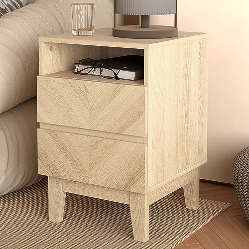 Galano Hanwell 2 Drawer Side Table, Stylish Fishborne Design End Table with Drawer Open Shelf Stable Sturdy Engineered Wooden Nightstand Storage for Small Spaces/Living Room/Bedroom