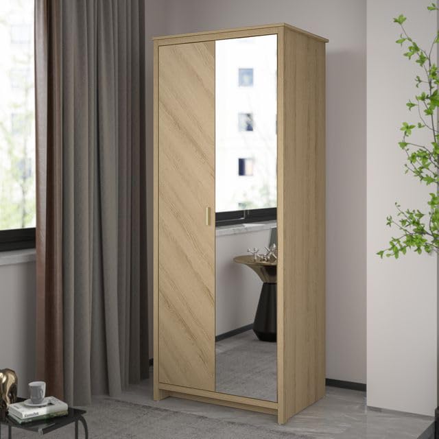 Galano Bonny 2 Door Wardrobe with Mirror - Stylish & Sturdy Wardrobe with Bar Gold Handle - Bedroom Furniture Unit with Hanging Rail Storage (Oslo Oak)