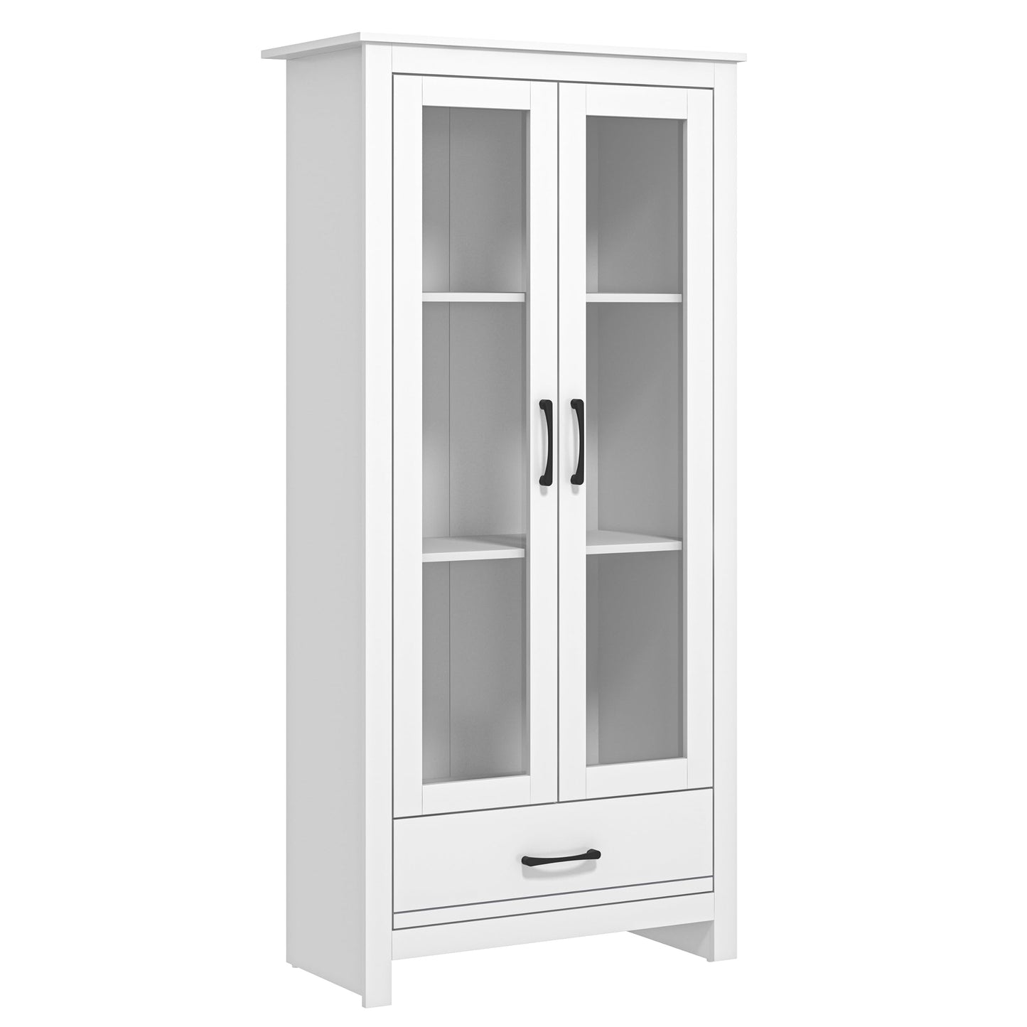 Galano Limestone Display Cabinet with Glass - 3 Tier Large Tall Storage Cabinet with Drawer - Glass Wooden Storage with Shelves - Storage Display Unit for Office, Living Room Furniture (White)