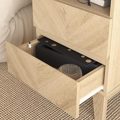 Galano Hanwell 2 Drawer Side Table, Stylish Fishborne Design End Table with Drawer Open Shelf Stable Sturdy Engineered Wooden Nightstand Storage for Small Spaces/Living Room/Bedroom