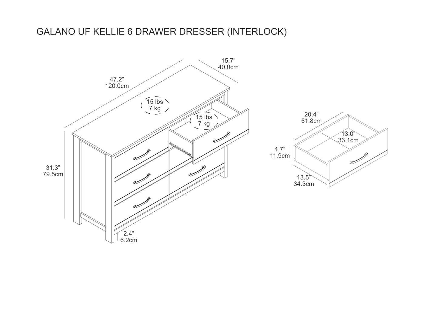 Galano Kellie Wooden 6 Drawer Dresser for Bedroom with Interlock, Modern Storage Chest Dresser for Nursery and Children, Wide Closet Organizer for Kids, 15.8" D x 47.2" W x 31.0" H, Amber Walnut