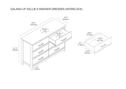 Galano Kellie Wooden 6 Drawer Dresser for Bedroom with Interlock, Modern Storage Chest Dresser for Nursery and Children, Wide Closet Organizer for Kids, 15.8" D x 47.2" W x 31.0" H, Amber Walnut