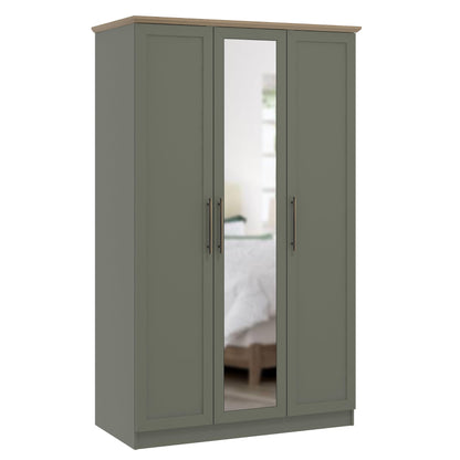 Galano Cleverton 3 Door Wardrobe with Mirror - Stylish & Sturdy Wardrobe with Bar Gold Metal Handle - Bedroom Furniture Unit with Hanging Rail Storage (Dark Green/Oak)