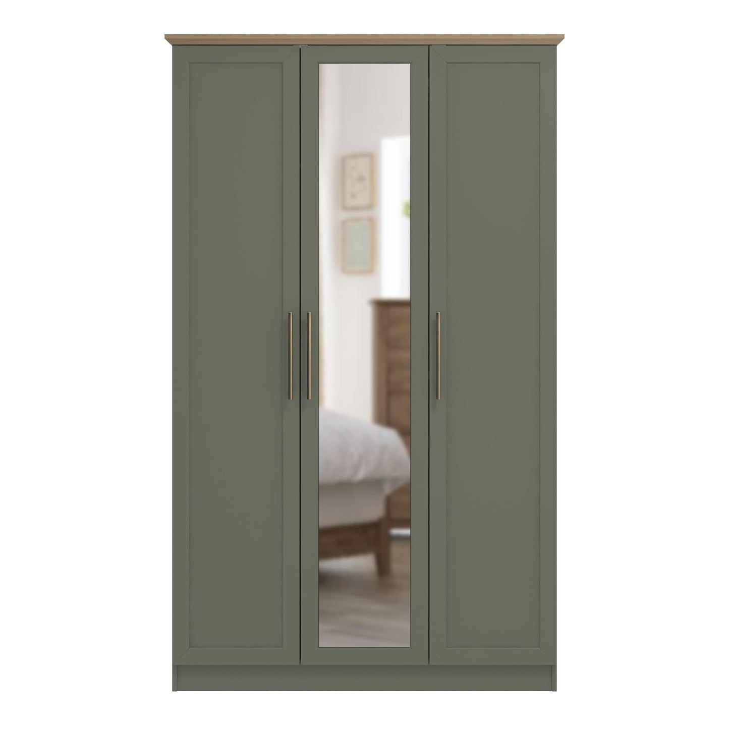 Galano Cleverton 3 Door Wardrobe with Mirror - Stylish & Sturdy Wardrobe with Bar Gold Metal Handle - Bedroom Furniture Unit with Hanging Rail Storage (Dark Green/Oak)