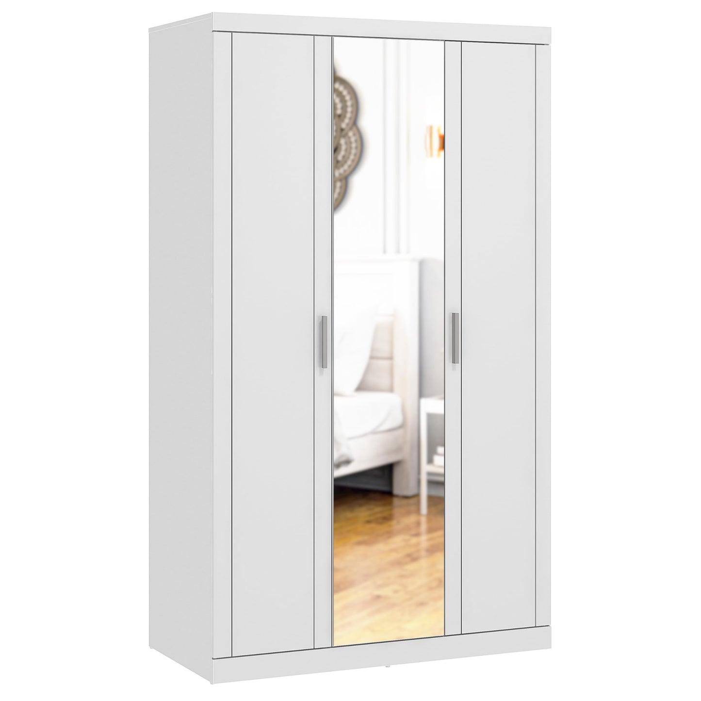 Galano Kimberley 3 Door Wardrobe with Mirror - Mirrored Stylish & Sturdy Wardrobe - Bedrrom Furniture with Hanging Rail Storage (White)