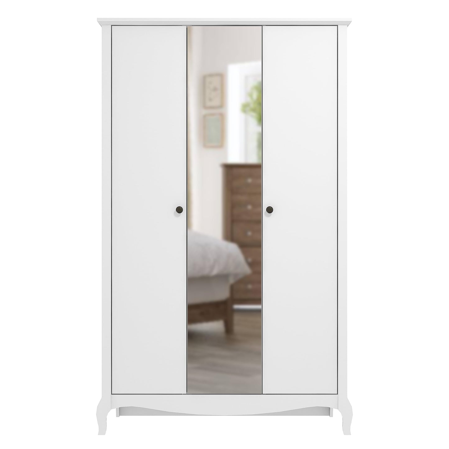 Galano Stella 3 Door Wardrobe with Mirror - Stylish & Sturdy Wardrobe with Bar Gold Metal Handle - Bedroom Furniture Unit with Hanging Rail Storage (White,)