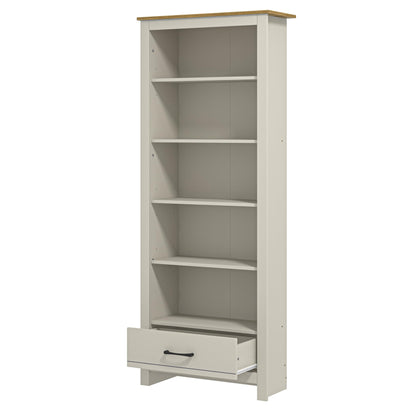 Galano Limestone Bookcase – 5 Tier Large Bookcase with 1 Drawer – Wooden Storage with Shelves – Display Storage Unit for Office, Living Room Furniture (Light Grey)