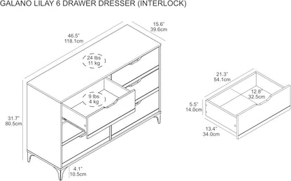 Galano Lilay Wooden 6 Drawer Dresser Interlock for Bedroom, Wide Chest of Drawers for Children and Nursery, Closet Organizer Storage for Kids, 15.7" D x 46.5" W x 31.7" H, Dusty Grey Oak
