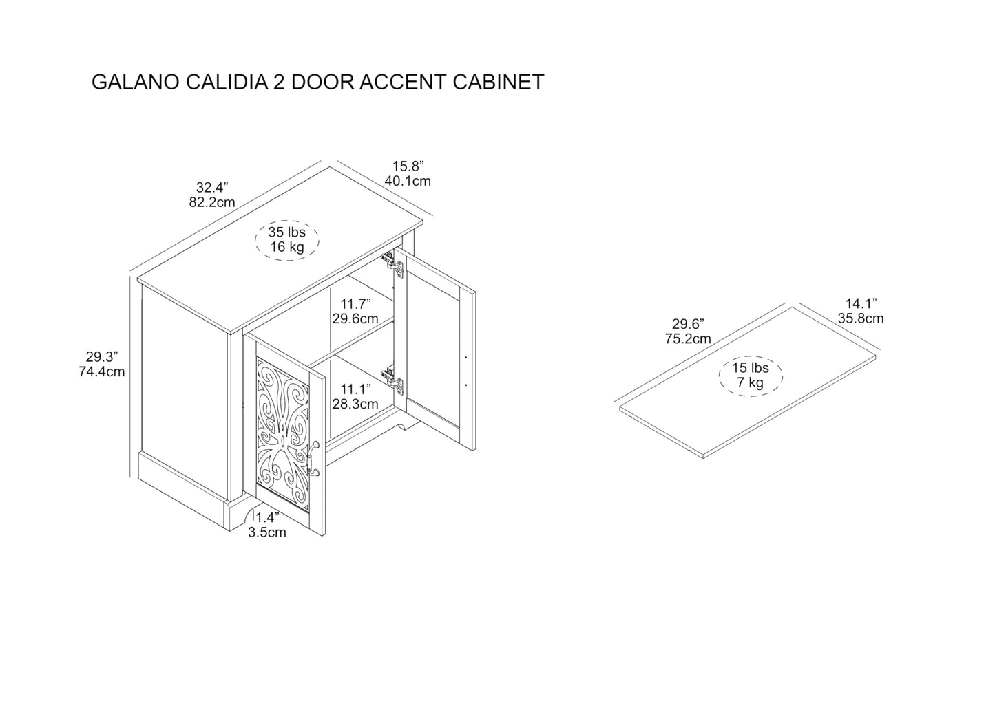 Galano Calidia 3 Door Sideboard Buffet Cabinet for Living Room, 15.7" D x 45.7" W x 29.3" H, Knotty Oak