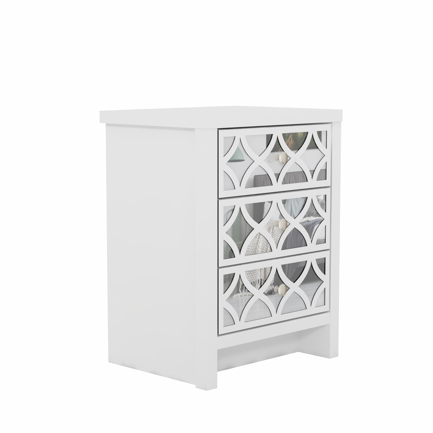 Galano Iris 3 Drawer Bedside - Modern Stylish Cabinet with Mirrored Drawers - Organizers and Storage for Bedroom – Console for Entryway - Hallway or Living Room (White)