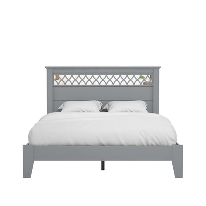 Galano Amanda Double Bed - Stylish Wooden Bedframe with Mirrored Headboard - Sturdy Bedframe for Adult - Wood Slat Support - Easy Assembly – Bedroom Furniture (Cool Grey)