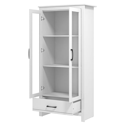 Galano Limestone Display Cabinet with Glass - 3 Tier Large Tall Storage Cabinet with Drawer - Glass Wooden Storage with Shelves - Storage Display Unit for Office, Living Room Furniture (White)