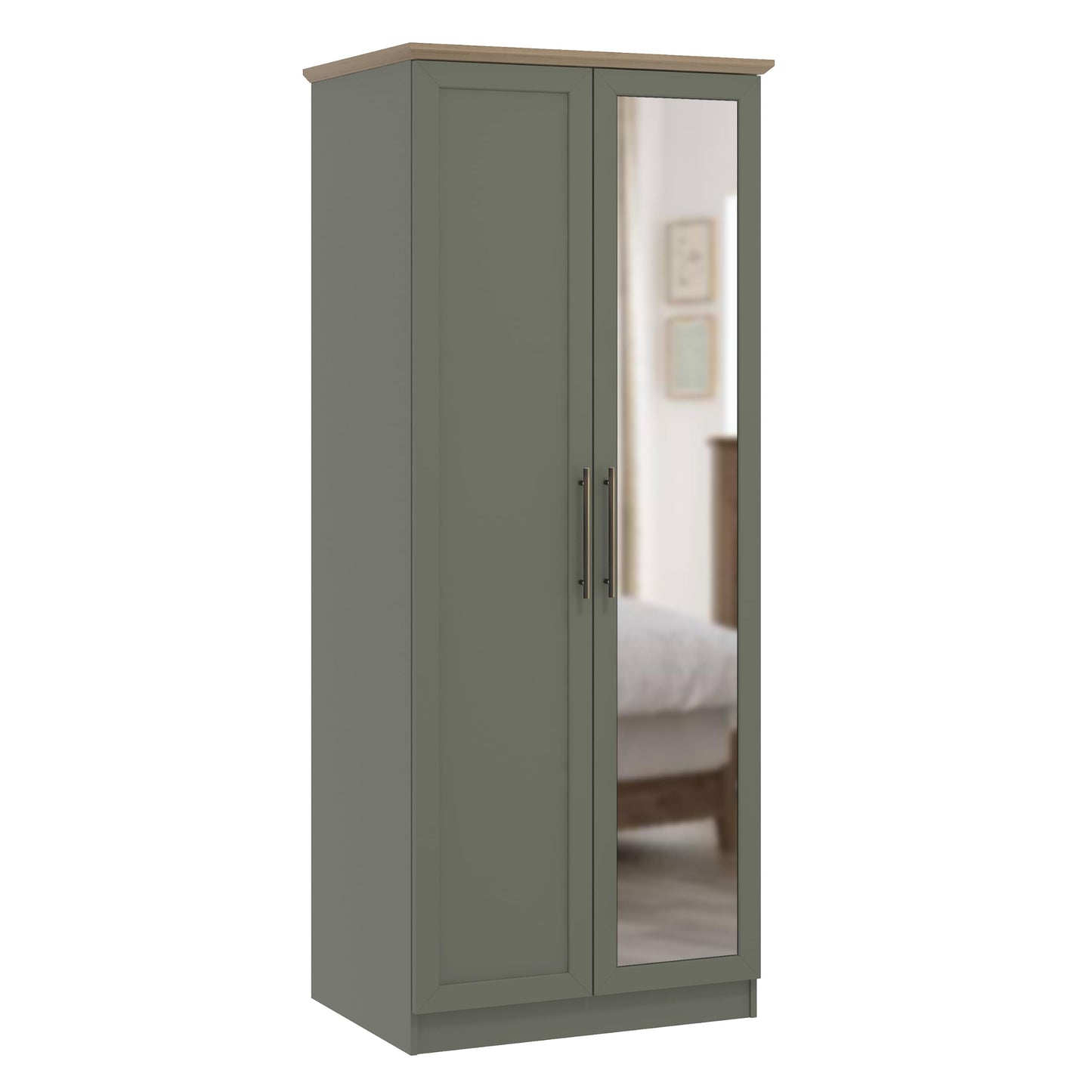 Galano Cleverton 2 Door Wardrobe with Mirror - Stylish & Sturdy Wardrobe with Bar Gold Metal Handle - Bedroom Furniture Unit with Hanging Rail Storage (Dark Green/Oak)