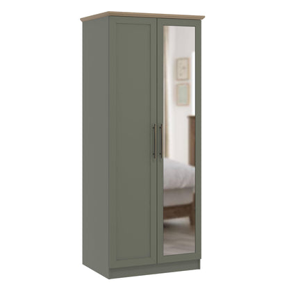 Galano Cleverton 2 Door Wardrobe with Mirror - Stylish & Sturdy Wardrobe with Bar Gold Metal Handle - Bedroom Furniture Unit with Hanging Rail Storage (Dark Green/Oak)