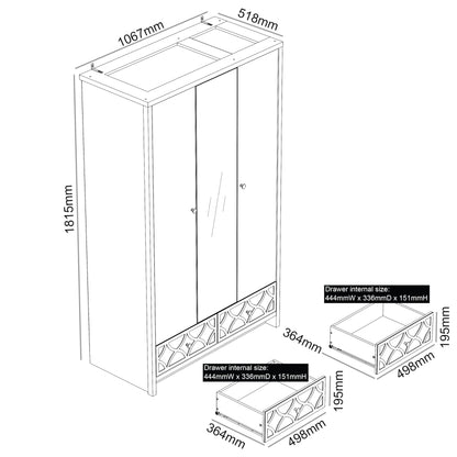 Galano Iris 3 Door 2 Drawer Wardrobe - Modern Stylish Bedroom Furniture Unit with Mirror Effect - Storage Organizer with Hanging Rail Storage and Drawer (Cool Grey)