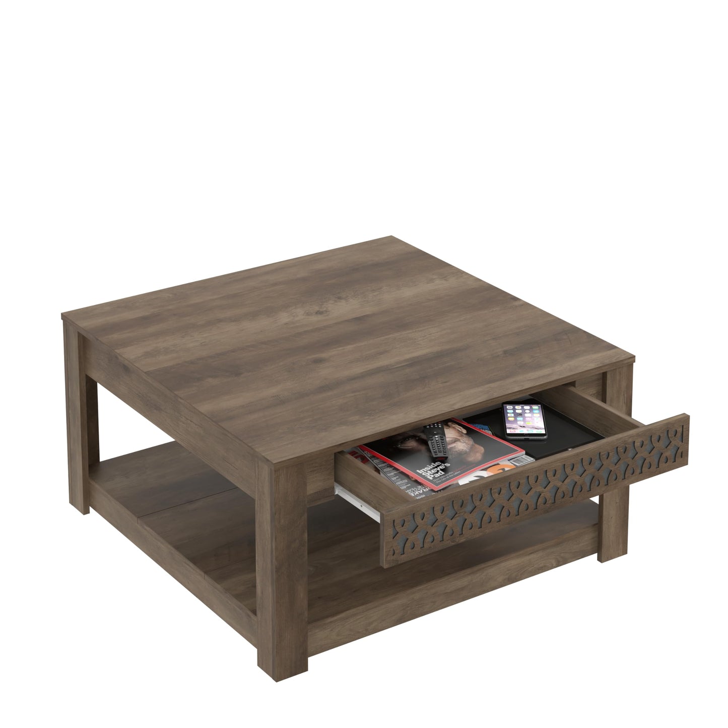 Galano Japtur Coffee Table, Modern Top Squarer Coffee Table with Storage Drawer, 2 Tier Center Table for Living Room, Office, Balcony, 31.5" D x 31.5" W x 16.3" H, Knotty Oak