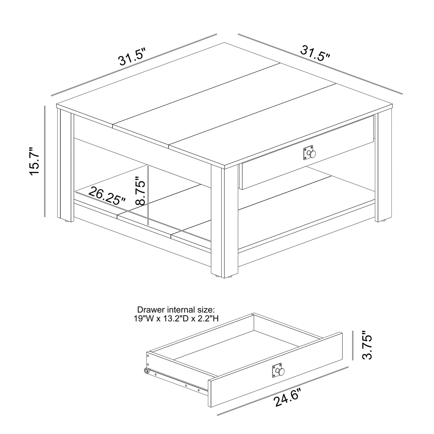 Galano Philia Square Modern Top Coffee Table with Storage Drawer, 2 Tier Center Table for Living Room, Office, Balcony, 31.5" D x 31.5" W x 16.3" H, Rustic Black Oak