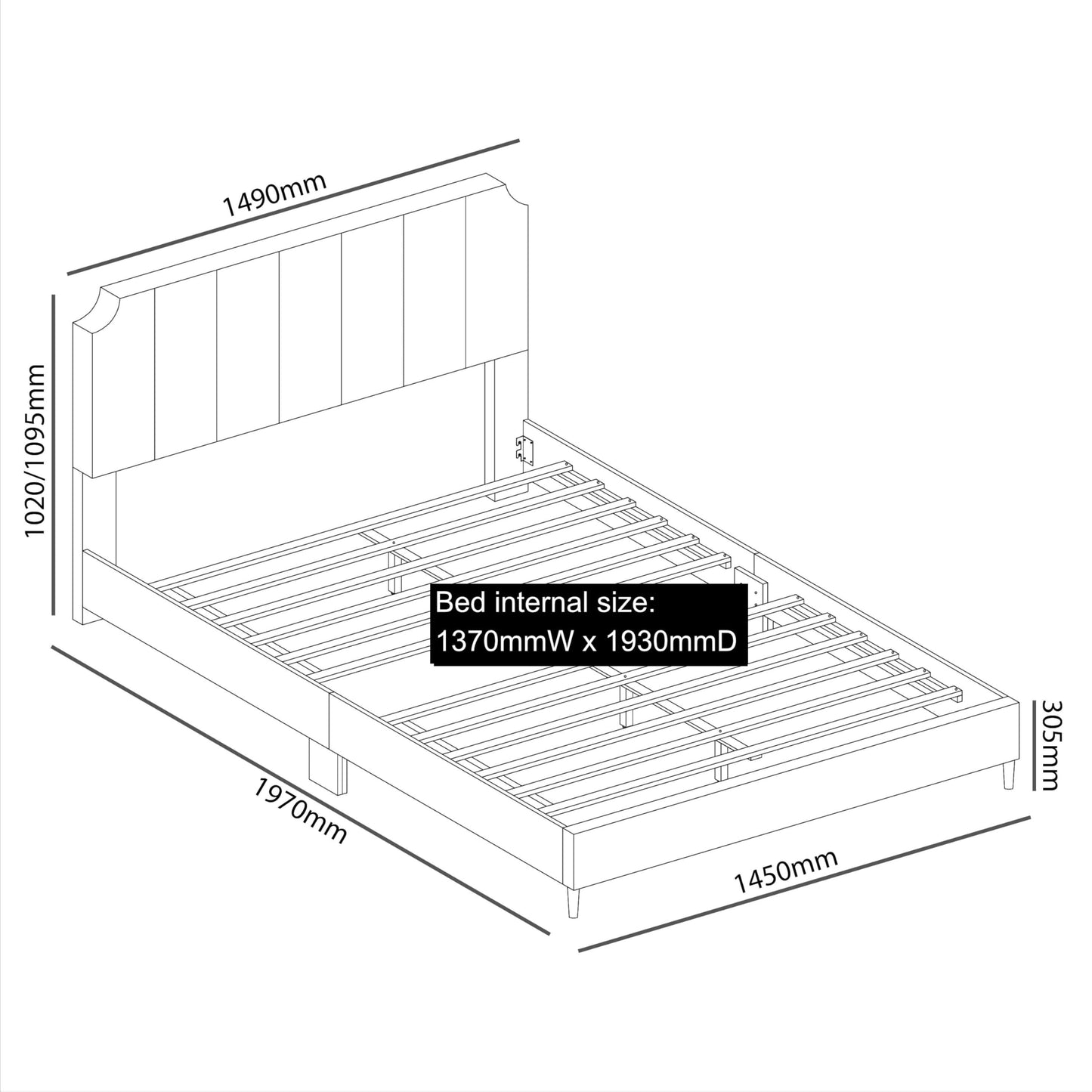 Galano Newry Upholstered Double Bed - Stylish Fabric Bedframe with Headboard - Sturdy Bedframe for Adult with Wooden Slat Support - Easy Assembly (Grey)