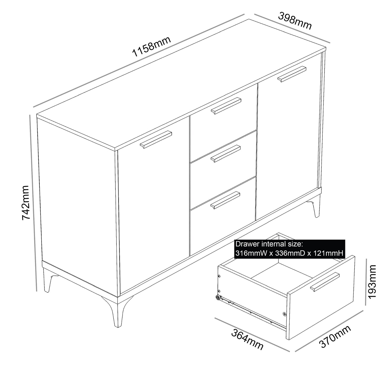 Galano Lawrence 1 Door 3 Drawer Sideboard - Cabinet Storage Organizer for Your Home - Storage Sideboard - Adjustable Shelves (Dusty Grey Oak)