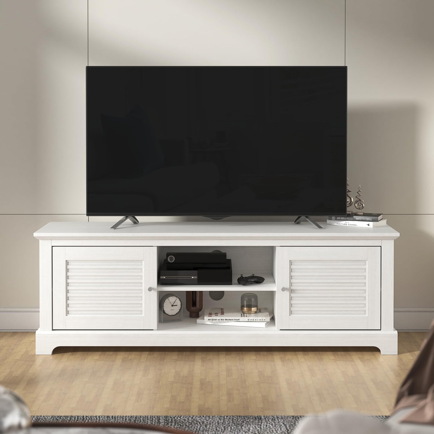 Galano Milan Wide TV Unit, Entertainment Centre for up to 65" TV, 150cm TV Unit with 2 Doors, TV Stand Cabinet for Living Room, Large Storage (Light Grey/Oak)