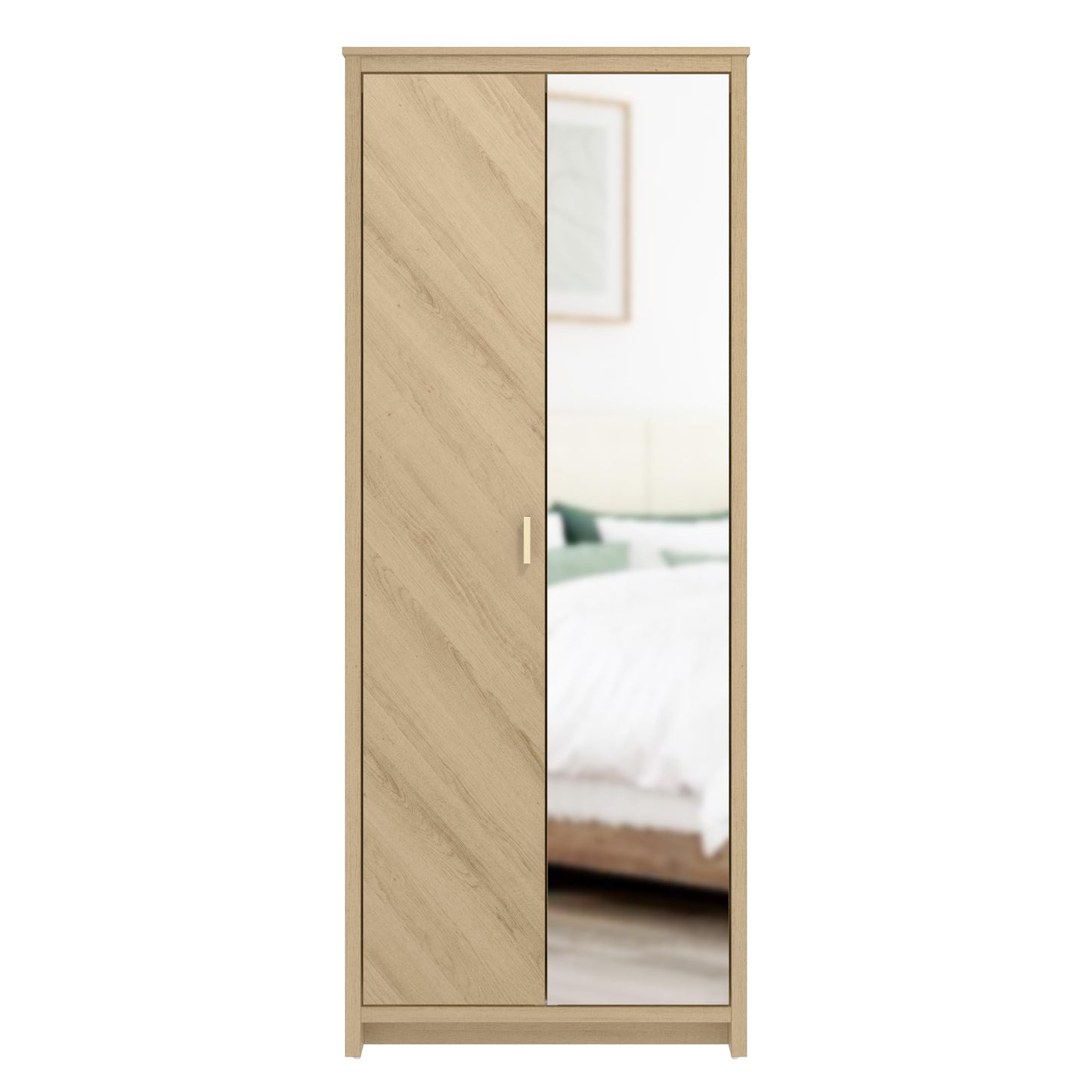 Galano Bonny 2 Door Wardrobe with Mirror - Stylish & Sturdy Wardrobe with Bar Gold Handle - Bedroom Furniture Unit with Hanging Rail Storage (Oslo Oak)