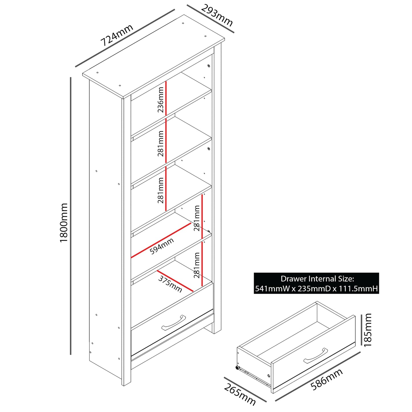 Galano Limestone Bookcase – 5 Tier Large Bookcase with 1 Drawer – Wooden Storage with Shelves – Display Storage Unit for Office, Living Room Furniture (Light Grey)