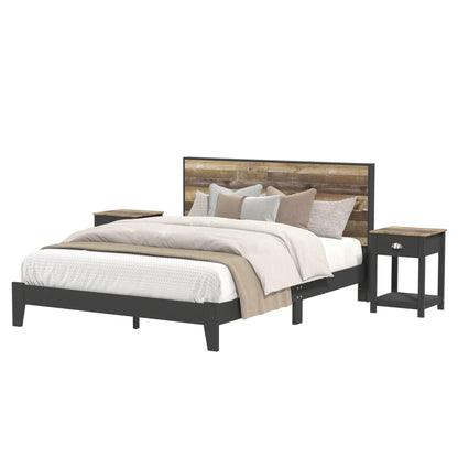 Galano Payne Queen Wood Bed Frame with Headboard & Set of 2 Nightstands, Fit 60'' x 80'' Mattress with Wood Slat Support, No Box Spring Needed, 64.2" L x 85.3" W x 40.1" H, Dusty Grey Oak