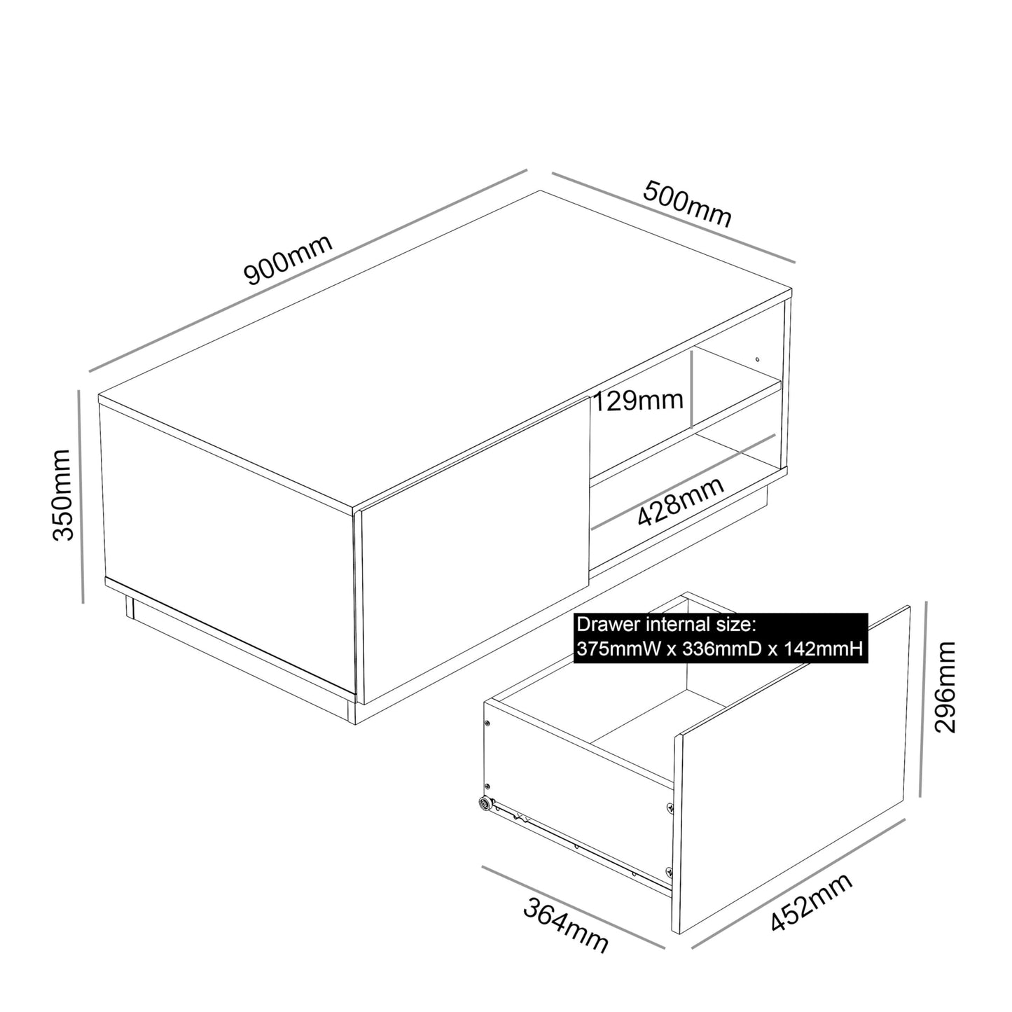 Galano paxton Coffee Table - 1 Drawer 2 Open Shelves Storage Unit - Rectangular Living Room Table with Storage (Paxton, Concrete)